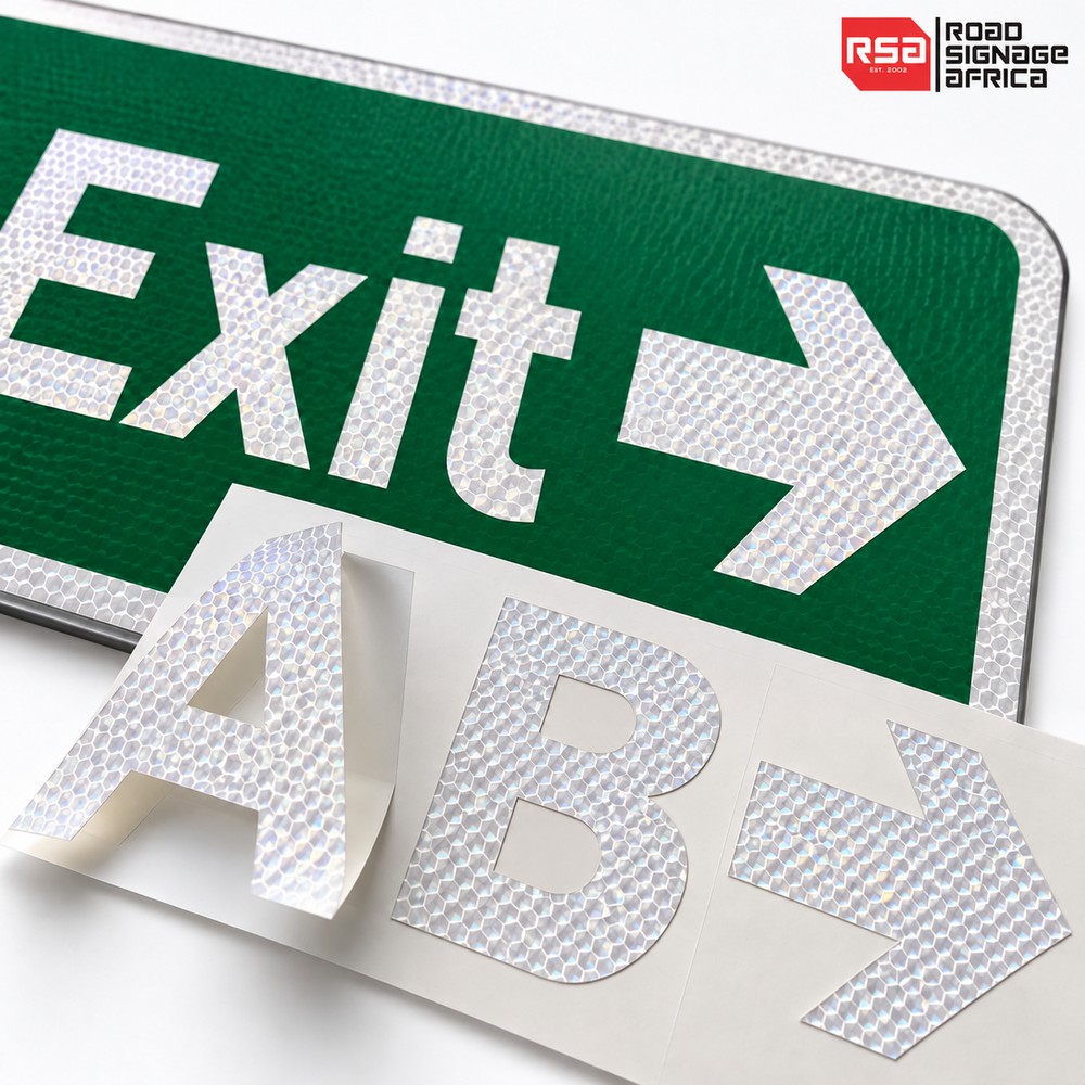 Reflective lettering and arrow samples for road signs