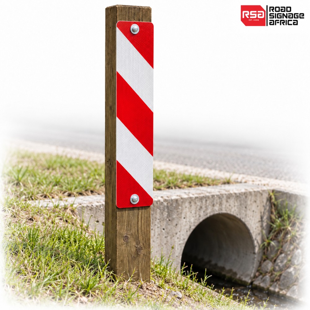 Danger plate on timber post beside a culvert
