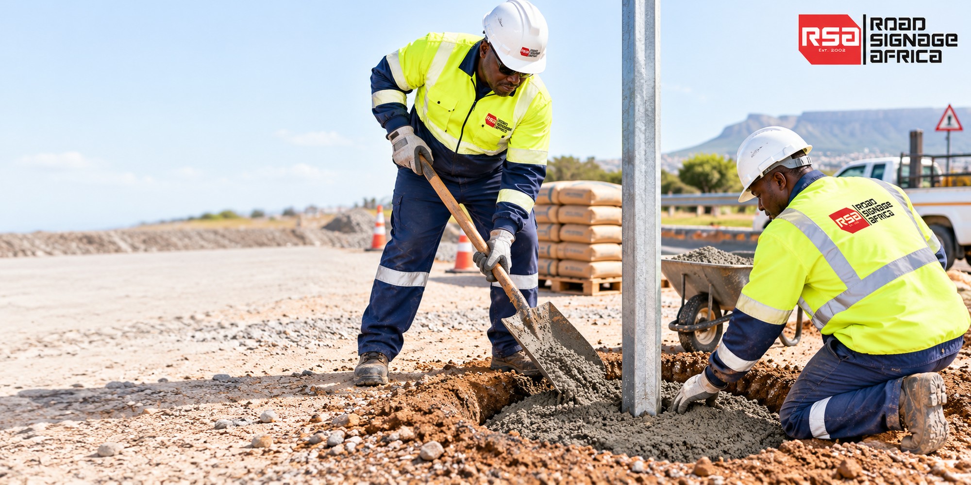 RSA workers placing cement-treated foundation backfill – Road Signage Africa header