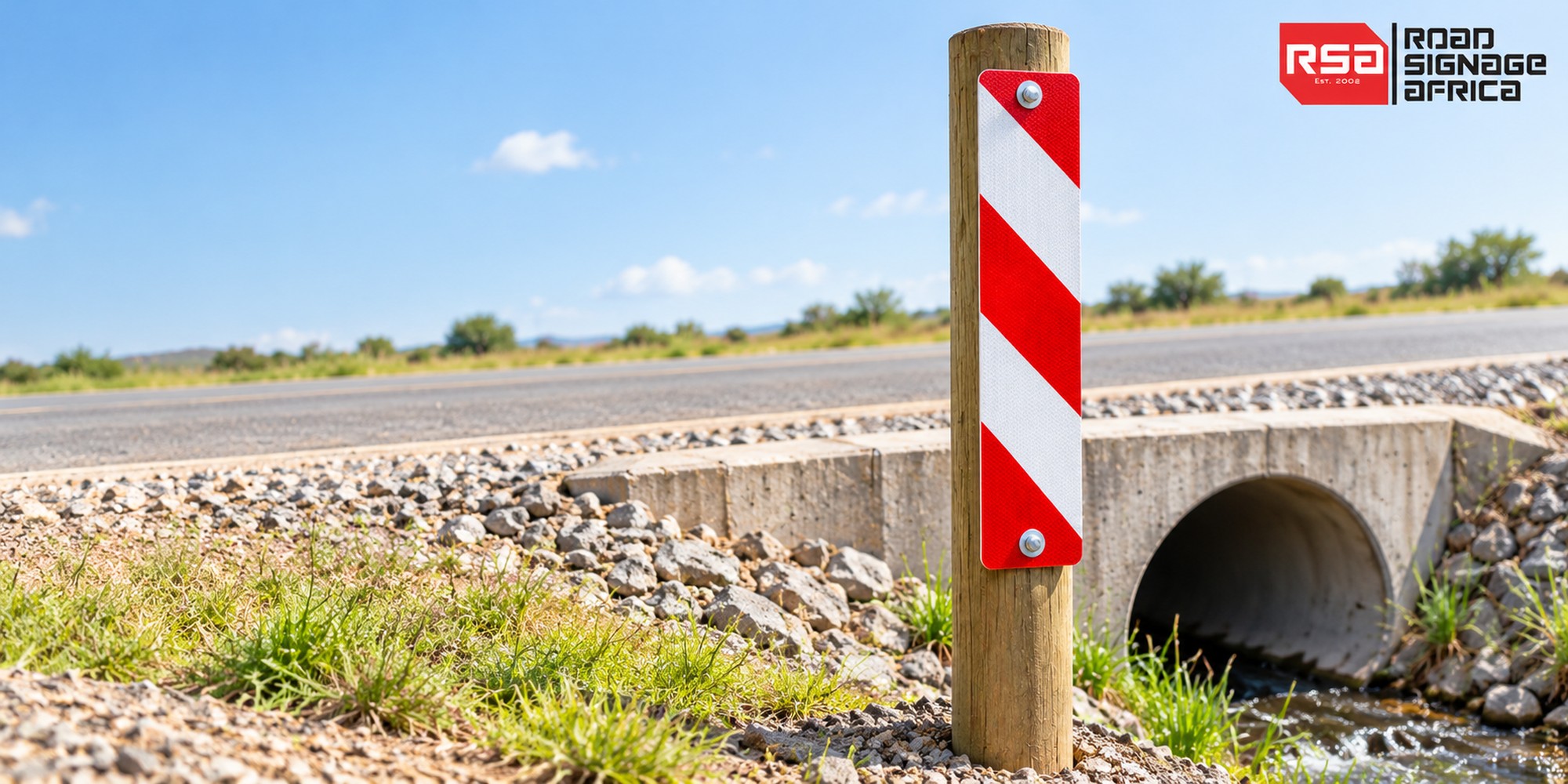 Danger plate on timber post at culvert – Road Signage Africa header