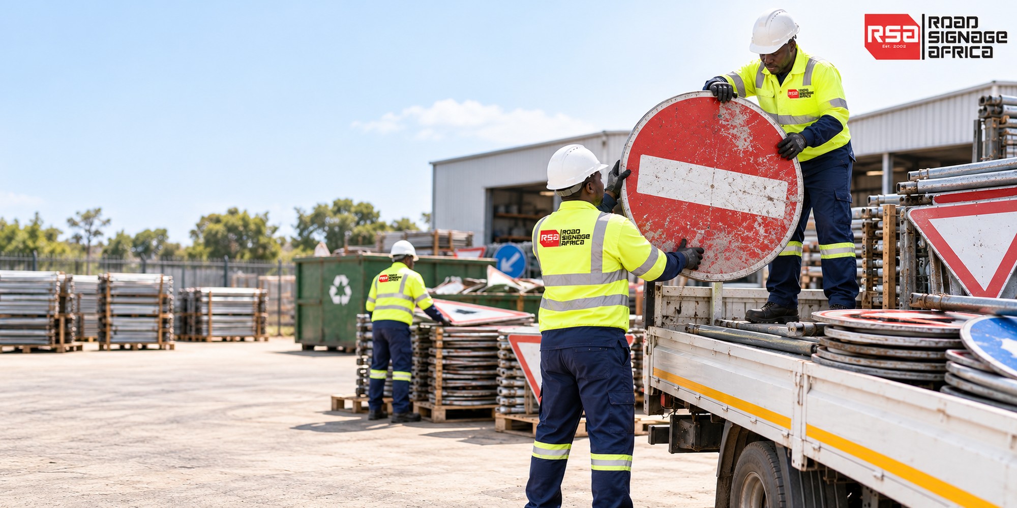RSA workers removing and loading redundant road signs – Road Signage Africa header