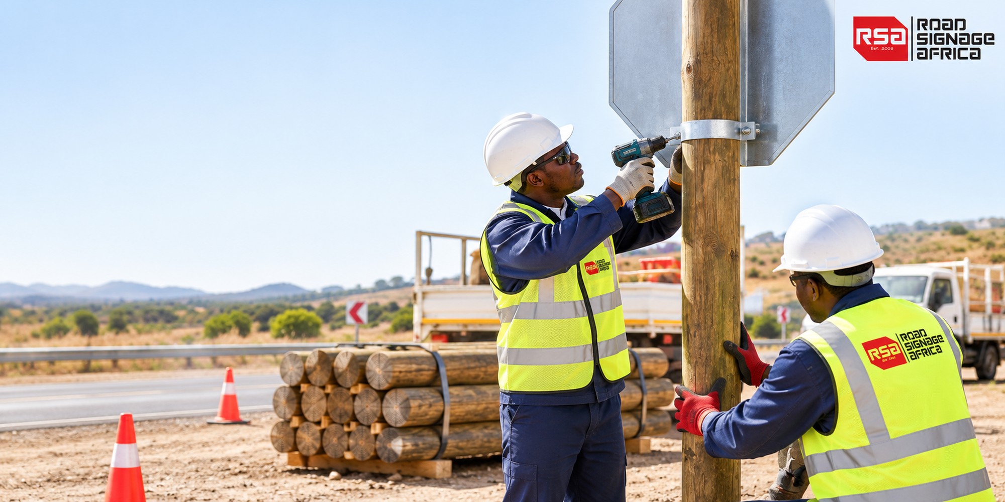 RSA workers installing treated timber road-sign poles – Road Signage Africa header