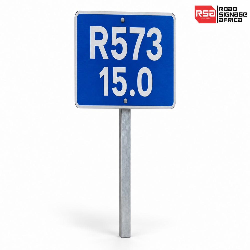 R573 kilometre marker on galvanised square post