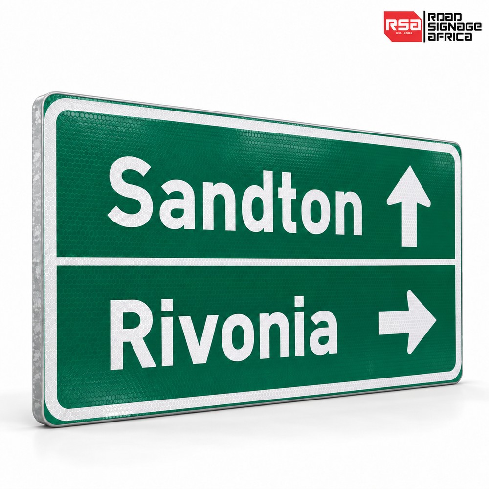 Green rectangular 1500 by 900 mm direction sign