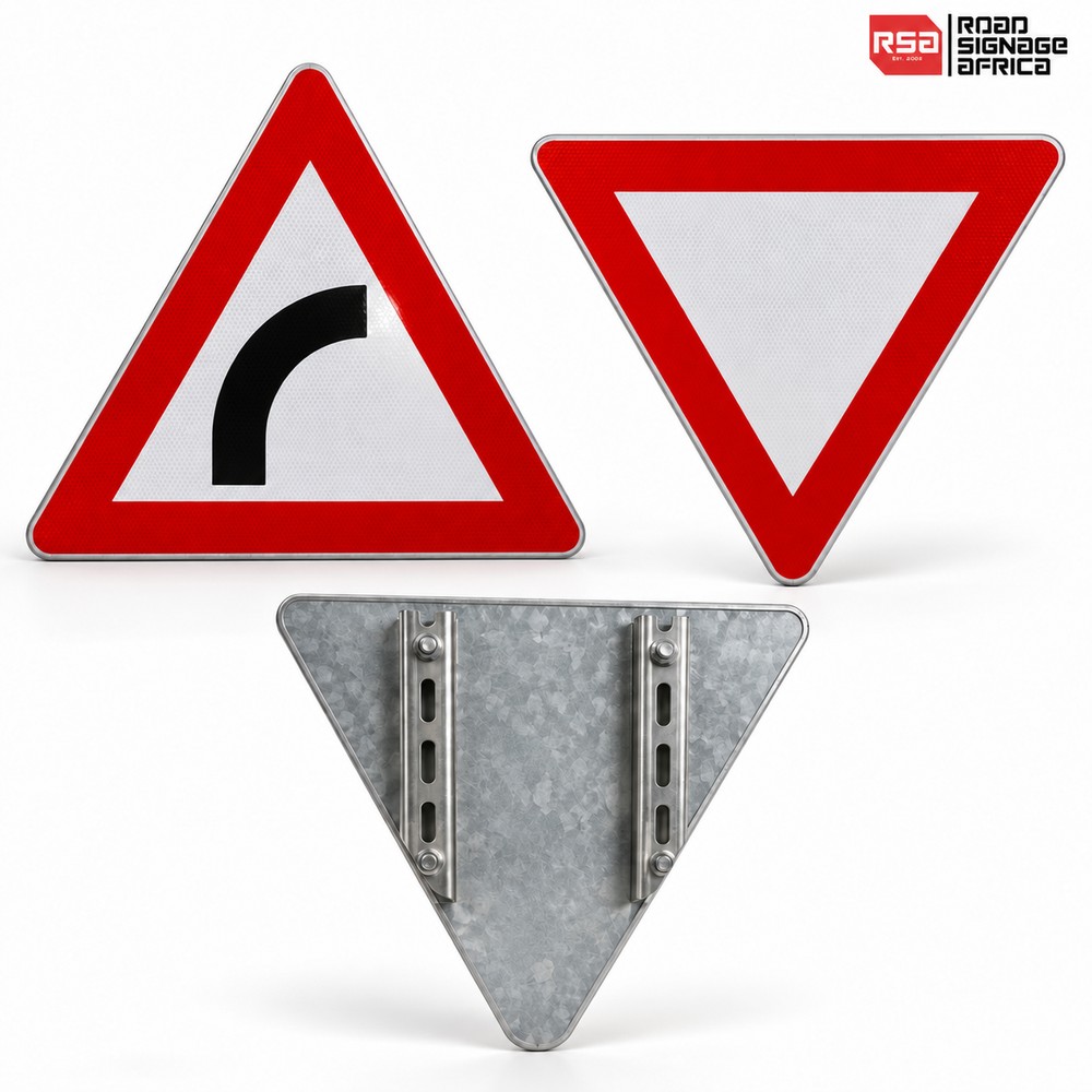 Triangular warning and yield signs with galvanised backs