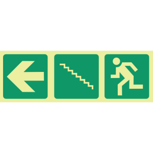 E19 - SABS Photoluminescent arrow left, stairs up, running man safety sign